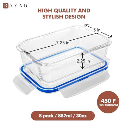 Razab 16 Pc (Set of 8) 30 Oz Glass Meal Prep Containers with Lids, Airtight Large Glass Food Storage Containers, Reusable Leak Proof BPA Free, Freezer to Oven and Dishwasher Safe - color: DarkBlue