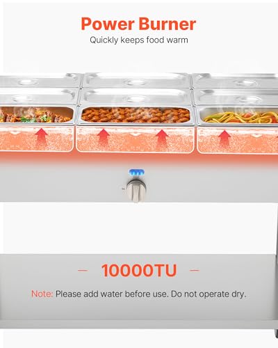 VEVOR 9-Pan Commercial Propane Steam Table, LP Gas Outdoor Soup Warmer with Drain Valve and 3" Wheels, Stainless Steel Propane Food Warmer with Adjustable Temperature, for Restaurant Outdoor Camping - size: 9×1/3 Pan;72QT