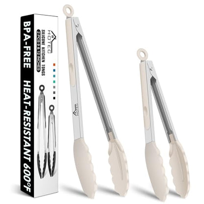 HOTEC Stainless Steel Kitchen Tongs with Silicone Tips, Set of 2-9" and 12" - color: Khaki:12+9inch