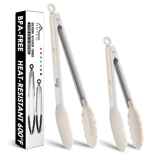 HOTEC Stainless Steel Kitchen Tongs with Silicone Tips, Set of 2-9" and 12" - color: Khaki:12+9inch