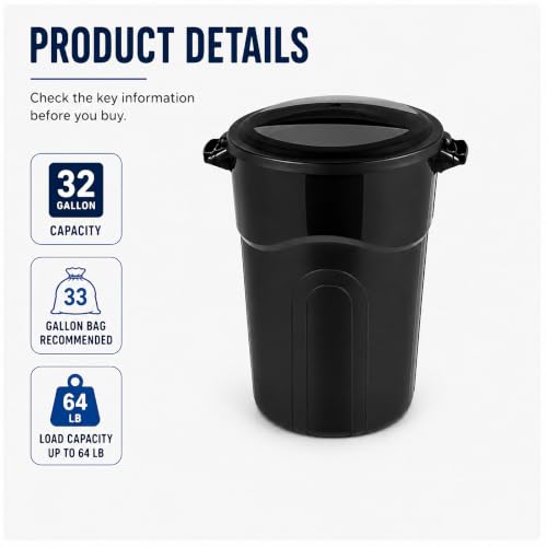 32 Gallon Commercial Garbage Can, Heavy Duty Plastic Trash Bin with Lid - size: 32 Gallon Round