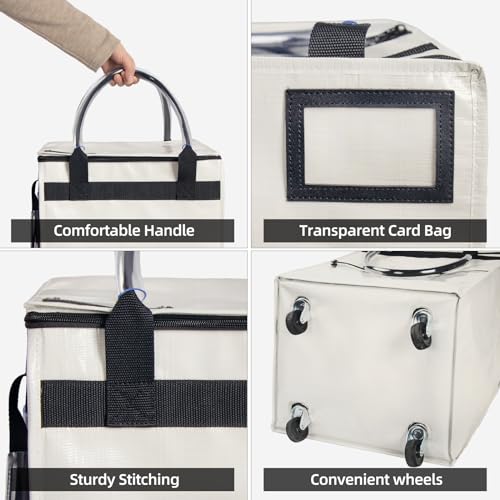 Medium Beige Reusable Grocery Bag on Wheels, Folding Rolling Tote - color: Beige, size: Medium