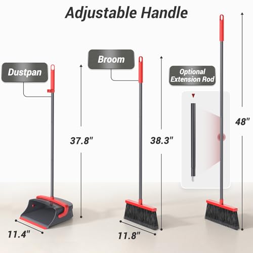 Broom with Dustpan Set for Pet Hair & Dust Cleanup, Red & Gray - color: Red & Gray