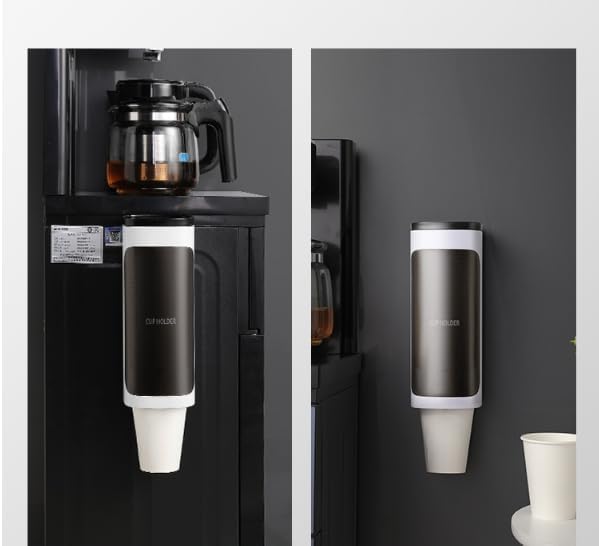 Wall Mounted Cup Dispenser, No Drill Adhesive Cup Holder with Dust Cover for 3oz-5oz Disposable Paper & Plastic Cups, Water Cooler Cup Organizer for Bathroom Kitchen Office Gym Hospital