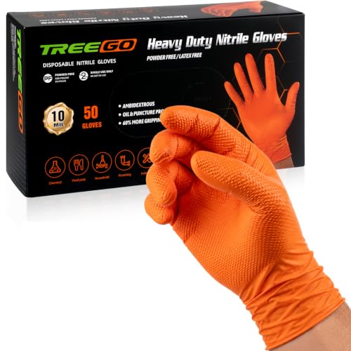 TREEGO 10 Mil Heavy Duty Orange Nitrile Mechanic Gloves, 50 Count XL - color: Orange 50, size: X-Large