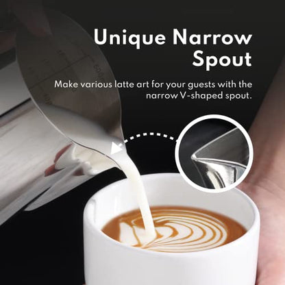 New Star Foodservice Stainless Steel Frothing Pitcher, 20 oz Espresso Milk Steaming Cup with Measurement Scale, Commercial Grade 18/8 Barista Pitcher for Lattes, Cappuccinos, Coffee, Silver - size: 20.3 Ounces