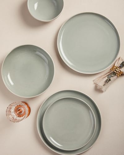 Pokini Stoneware Dinnerware Sets for 8, 32Pcs Ceramic Plates and Bowls Sets - color: Dusty Green, size: Set (32pcs)