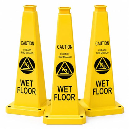 BESEA Wet Floor Sign 3 Pack, 28 Inch Heavy Duty Weighted Caution Cones - color: Yellow, size: 28INCH With Caution Sign