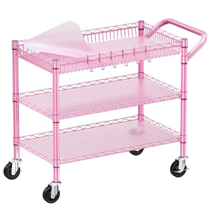 WDT Pink Rolling Utility Cart with Wheels, 990Lbs Heavy Duty Metal Cart with Handle & Shelf Liners, NSF Certified 3-Tier Storage Trolley for Esthetician, Kitchen, Salon & Craft Room, Pink - color: Pink-3 Tier