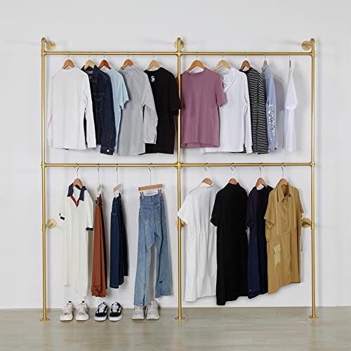Industrial Pipe Clothes Rack Metal Clothing Store Display Stands Wall Mounted Garment Rack, Heavy Duty Hanging Rod for Closet Storage, 89.8in Gold - color: II-Gold