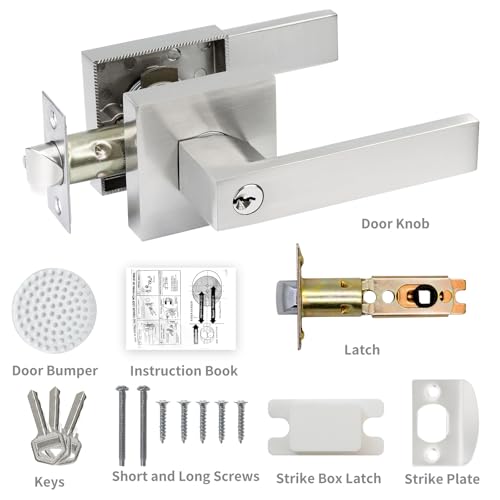 JO.KO Entry Door Lock Set, Different Key Square Door Lever for Bedroom - color: Satin Nickel, size: 2 Pack