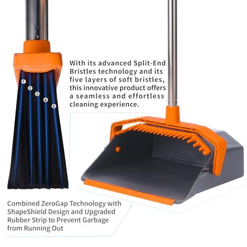 Broom and Dustpan Set for Home, 51" Long Handle Standing Pan Grey Orange - color: Orange and Grey