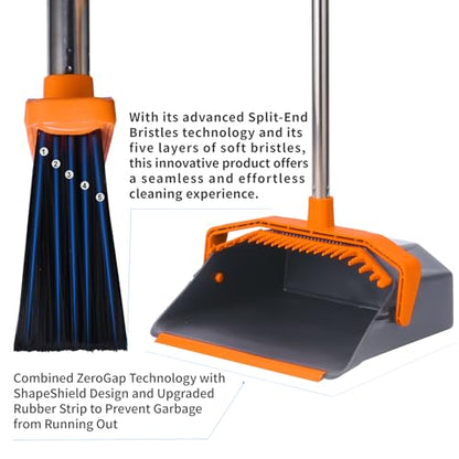 Broom and Dustpan Set for Home, 51" Long Handle Standing Pan Grey Orange - color: Orange and Grey
