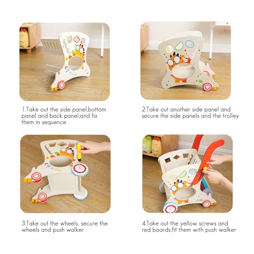 Wooden Baby Walker with Shopping Cart, Push Walker for 1 Year Old Learning to Walk, Shape Matching Block Game, Large Storage Toddler Walking Toy for Boys & Girls 6-12 Months