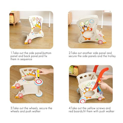 Wooden Baby Walker with Shopping Cart, Push Walker for 1 Year Old Learning to Walk, Shape Matching Block Game, Large Storage Toddler Walking Toy for Boys & Girls 6-12 Months
