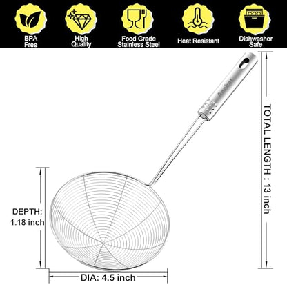 Anaeat 4.5" Stainless Steel Spider Skimmer, Professional Kitchen Pasta Strainer Spoon with Long Handle - Asian Strainer Ladle Wire Skimmer Spoons for Cooking and Frying - color: 4.5" Spider Strainer Skimmer