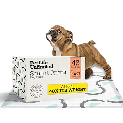 Pet Life Unlimited Smart Prints Large Puppy Pads for Dogs, Potty Training Pee Pads, 42 Count, 22" x 22", Leak-Proof, Super Absorbent, Quick-Dry, Patterned Pads with Odor Control, Made in USA - size: L 22" x 22" 42-Count