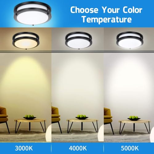 Drosbey 24W Dimmable LED Flush Mount Ceiling Light Fixture, Kitchen Light Fixtures, 12 inch Ceiling Lights for Bedroom, Bathroom, 3000K/4000K/5000K Selectable, Super Bright 2700LM - color: Black, size: 24W
