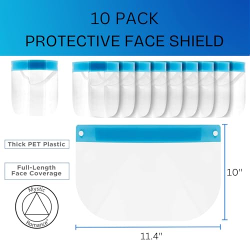 Mystic Romance 10 Pack Face Shields – Reusable Anti-Fog Full Face Protection – Clear Safety Gear for Work, Salons & Travel