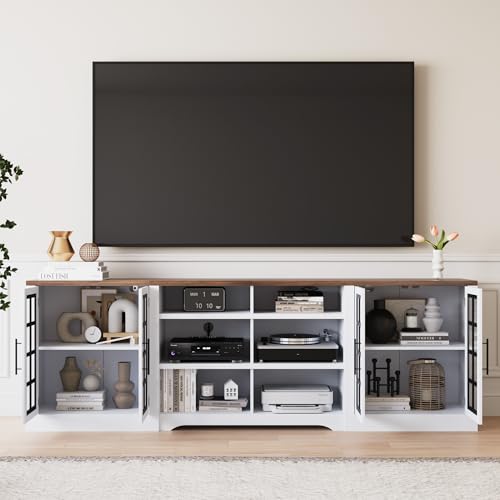 Bobve Farmhouse TV Stand for TVs up to 100", Modern Entertainment Center with 2 Cabinets and 3-Tier Open Shelves, Rustic TV Console for Living Room, Bedroom, White+Black - color: White+black