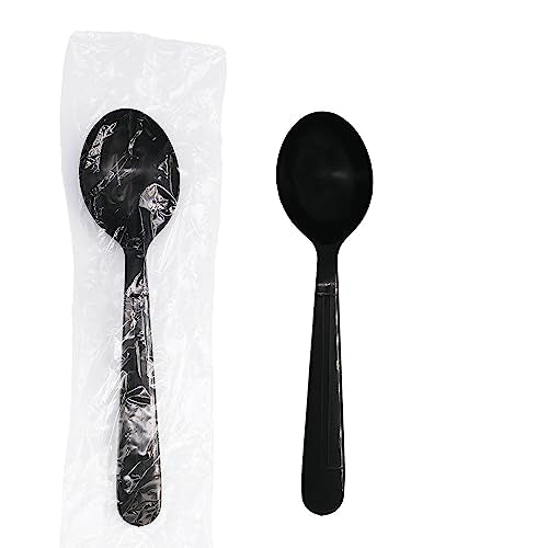 Party Essentials Individually Wrapped Black Plastic Utensil Sets/Heavy Duty Flatware Packs, Soup Spoon, 100 Sets - size: Soup Spoon