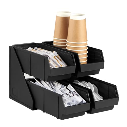 CURTA Black Self Serve Condiment Bin Stand Set, Removable Condiment Organizer with 2-Tier Stand and 4 Condiment Bins, 16" D x11.25 W x 9.5" H, Coffee Bar Beverage Station - size: 4 BINS