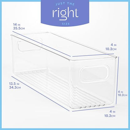 Plastic Food Storage 2 Pack Clear Container Bin with Handles for Organizing Kitchen, Pantry, Refrigerator, Freezer, Pantry, Cabinet, Closet, Bathroom. 14”X4”x4” - size: 14x4x4