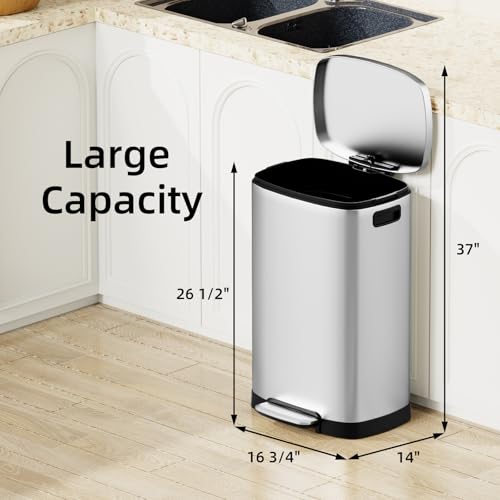 13 Gallon Stainless Steel Kitchen Trash Can, 50L, Rectangular, Soft-Close Lid, Fingerproof Finish, Hands-Free Operation, Odor Protection,Silver - color: Matte Silver