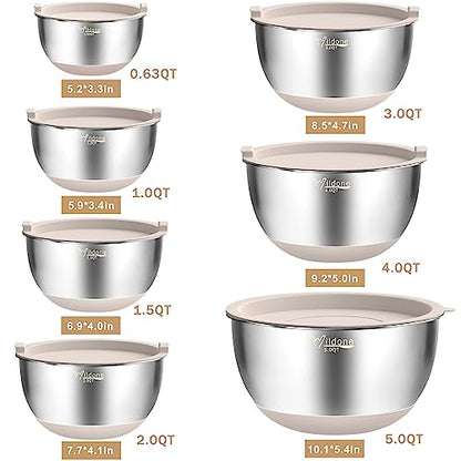 Wildone Mixing Bowls with Airtight Lids, Stainless Steel Nesting Bowls Set - color: Khaki