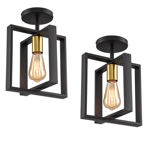 2 Pack Semi Flush Mount Ceiling Light,Black Metal Frame Ceiling Light Fixture with Golden Lamp Cup, Farmhouse Light Fixture for Kitchen Island Entryway Porch Foyer - color: Black Gold