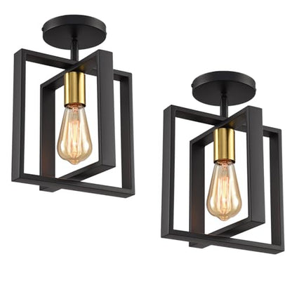 2 Pack Semi Flush Mount Ceiling Light,Black Metal Frame Ceiling Light Fixture with Golden Lamp Cup, Farmhouse Light Fixture for Kitchen Island Entryway Porch Foyer - color: Black Gold