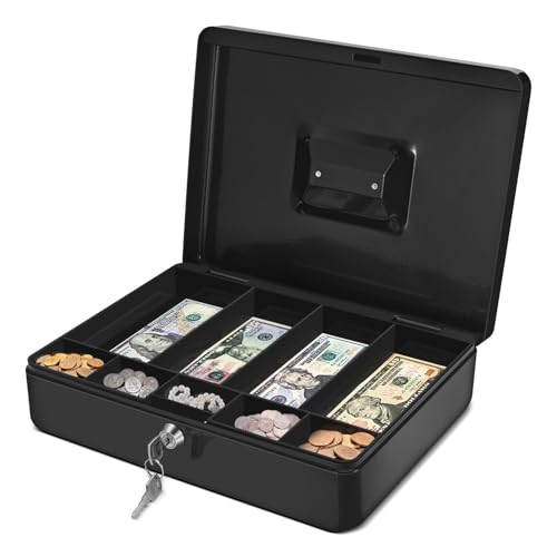 Flexzion Cash Box with Money Tray and Lock - Metal Cash Box for Small Businesses, 9-Compartment Black Money Box with Removable Tray and Key, Portable Storage for Checks and Coins - color: Black