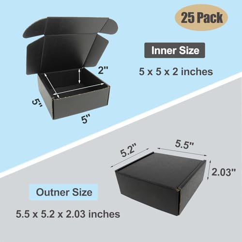 5x5x2" Shipping Boxes, Small Cardboard Box Mailer Black Packaging Mailing Box for Small Business Flat Literature Gift Box Lightweight Cute, 25 Pack - size: 5"x5"x2", style: 25 Pack - Black