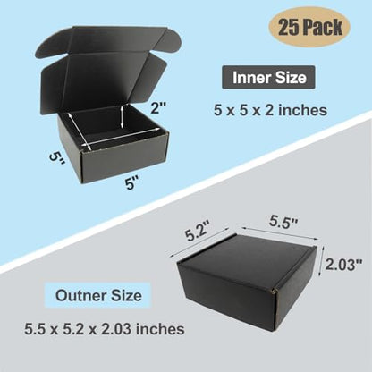 5x5x2" Shipping Boxes, Small Cardboard Box Mailer Black Packaging Mailing Box for Small Business Flat Literature Gift Box Lightweight Cute, 25 Pack - size: 5"x5"x2", style: 25 Pack - Black