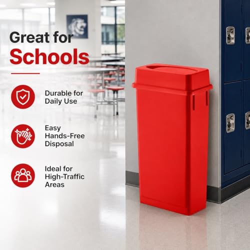 23 Gallon Slim Rectangular Commercial Trash Can, Heavy Duty Plastic Indoor Waste Bin for Kitchen, Office, Restaurant, School, Restroom & Janitorial Use (Red, with Lid) - color: Red