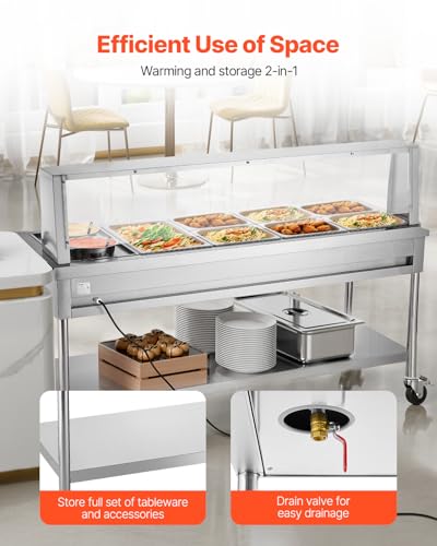 VEVOR Commercial Electric Food Warmer, 7 Pans + 2 Pots Steam Table, 1800W Professional Buffet Catering Food Warmer with Shield Undershelf Wheels, Stainless Steel Server for Party Restaurant