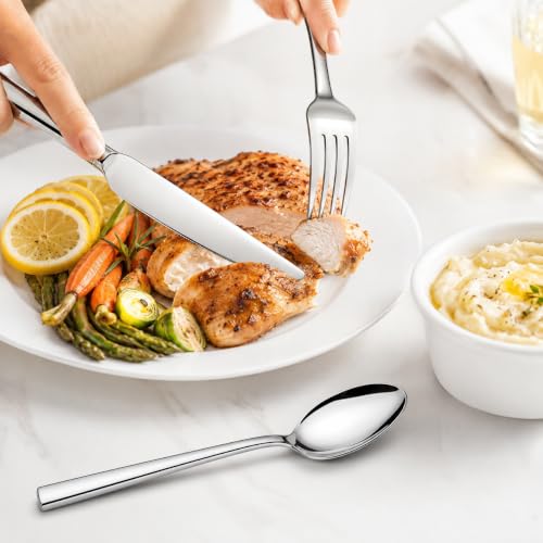 12-Piece Stainless Steel Silverware Set for 4, Mirror Polished Flatware Set Includes 4 Dinner Knives, 4 Dinner Forks & 4 Dinner Spoons, Dishwasher Safe Cutlery Set for Home Kitchen Restaurant - size: 7.9-9.1inches silverware set 12P