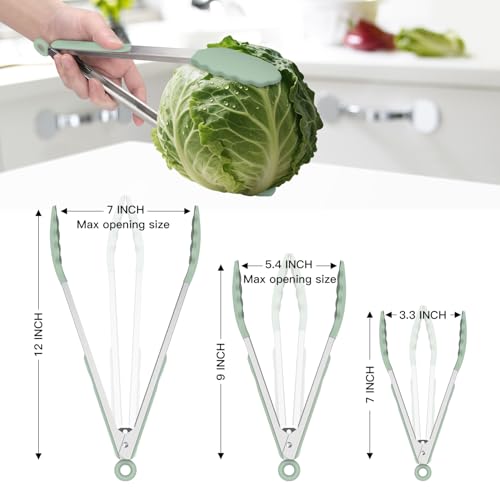 HOTEC Stainless Steel Kitchen Tongs with Silicone Tips, Set of 3-7",9" &12" - color: Light Green:12+9+7inch
