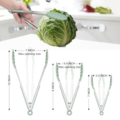 HOTEC Stainless Steel Kitchen Tongs with Silicone Tips, Set of 3-7",9" &12" - color: Light Green:12+9+7inch