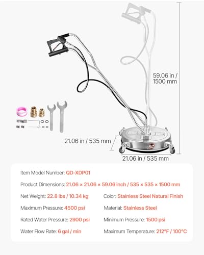 VEVOR 21" Pressure Washer Surface Cleaner, Stainless Steel Pressure Washer Attachments with 4 Wheels, 4500 Max PSI, 3/8 Quick Connector, 2 Spray Nozzles, Dual Handle, for Concrete, Patio, Sidewalk - size: 21 Inch w/ Handle & Wheels
