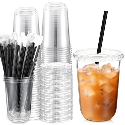 Ziliny 50 Pack 16 oz Plastic Cups with Lids Straws Iced Coffee, Black - color: Black, size: 16 oz