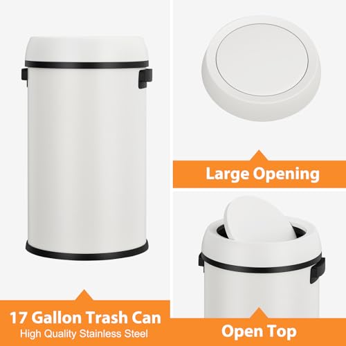GarveeHome 17 gal/65 L Swing Top Trash Can, Stainless Steel Rubbish Bin, Commercial Grade Waste Container, Round Garbage Can for Outdoor, Home Office, Restaurant, White - color: White, Swing Lid