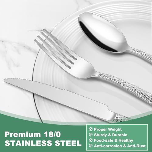 Hammered Silverware Set, 40-Piece Stainless Steel Wave Flatware Set for 8, Food-Grade Tableware Cutlery Set, Utensil Sets for Home Restaurant, Mirror Finish, Dishwasher Safe - style: Wave Hammered