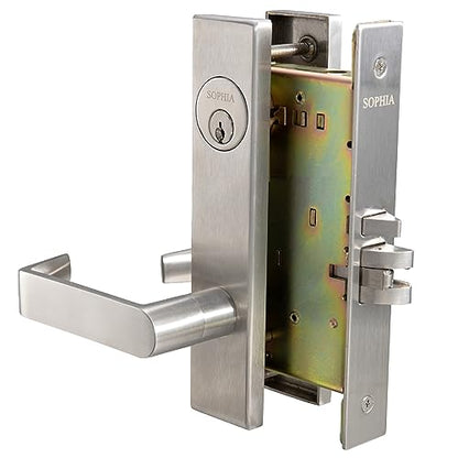SOPHIA Commercial Heavy Duty Mortise Lockset Door Lever Lock Non-Handed Grade 1 Door Handle - Escutcheon Plate Keyed Lever Lockset, ADA, US32D Satin Chrome Finish for Classroom Door