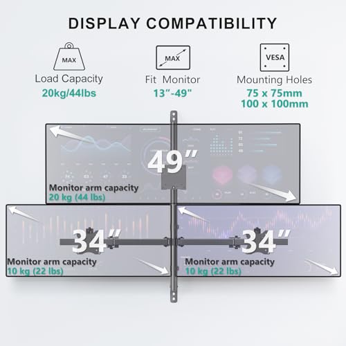 WALI Stacked Triple Monitor Wall Mount for 49" Curved and Dual 34" Monitors - color: Black (Triple), size: Up to 49"