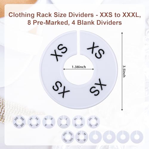 12Pcs Clothing Rack Size Dividers Round White Plastic Wardrobe Round Hangers Label for Clothing Rack Pre-Labeled (XXS-XXXL) Blank Dividers for Clothes Organization