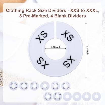 12Pcs Clothing Rack Size Dividers Round White Plastic Wardrobe Round Hangers Label for Clothing Rack Pre-Labeled (XXS-XXXL) Blank Dividers for Clothes Organization