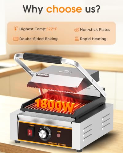 Commercial Panini Press - 1800W Electric Panini Sandwich Grill w/Nonstick Coating & Adjustable Temp, Panini Grill Press w/ 9"x9" Cooking Pan (Grooved Top & Flat Bottom), Double-sided Heating - style: 9"x9" Grooved top, flat bottom