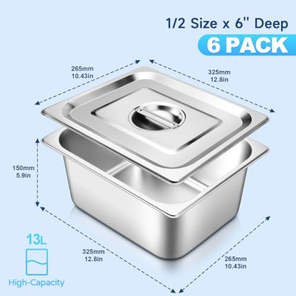 Hotel Pans with Lids 1/2 Half Size 6 Inch Stainless Steel Steam Table Pan - color: 1/2 Size, size: 6" Deep