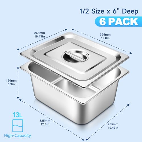 Hotel Pans with Lids 1/2 Half Size 6 Inch Stainless Steel Steam Table Pan - color: 1/2 Size, size: 6" Deep